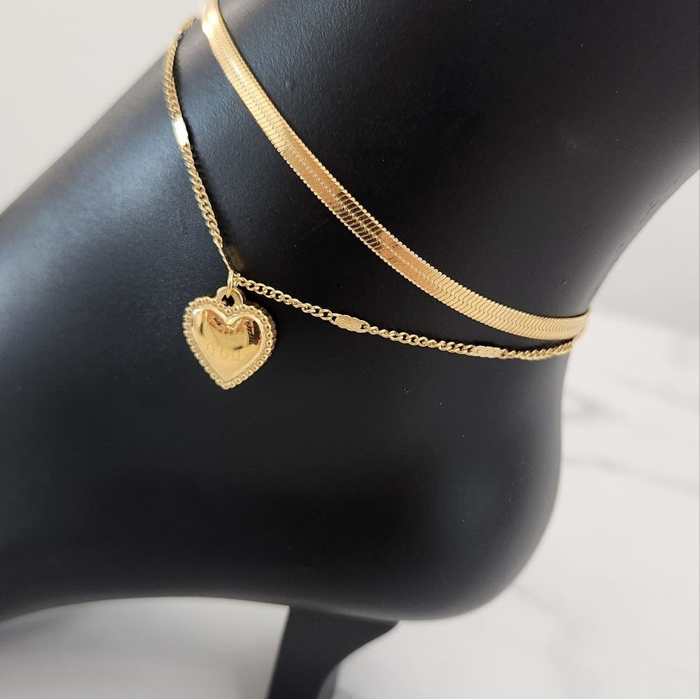 Gold Layered Anklet Herringbone Chain Heart Charm 18K Plated Adjustable - Picture 6 of 13